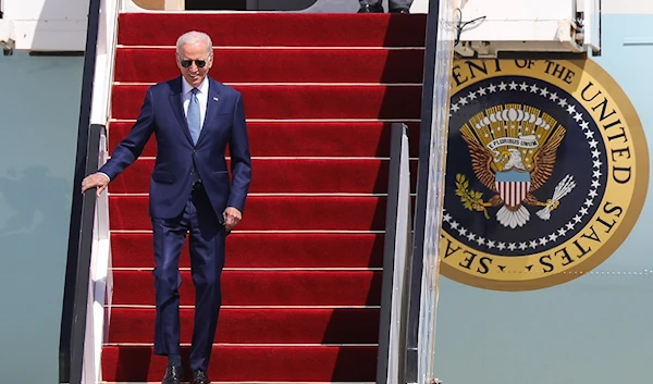 US President Joe Biden arrives at Ben Gurion Airport in Al-Lydd, occupied Palestine, on July 13, 2022