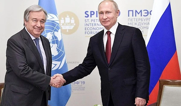 Russian President Vladimir Putin meets with United Nations Secretary-General Antonio Guterres on the sidelines of the St Petersburg International Economic Forum (SPIEF) in St Petersburg on June 7, 2019