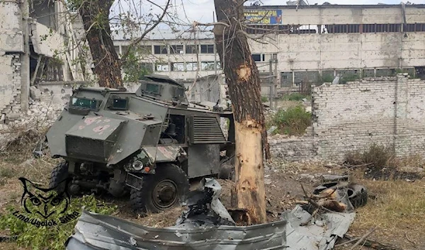 A destroyed British-made Saxon armoured personnel carrier in Lysychansk, Donbass