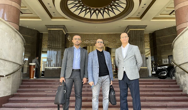 The Ansar Allah delegation in Moscow. From left to right: Hashem Ismail Ali, governor of Yemen's Central Bank, Mohammad Abdul Salam head of the delegation, Abdul Malek Alejri, senior member of the delegation