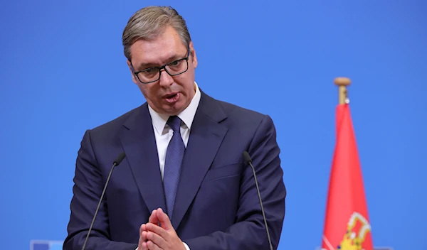 Serbian President Aleksandar Vucic speaks during a media conference after a meeting with NATO Secretary General Jens Stoltenberg at NATO headquarters in Brussels, Wednesday, Aug. 17, 2022 (AP Photo/Olivier Matthys)