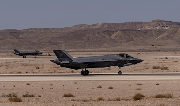 Israeli F-35 land at "Ovda airbase" during the bi-annual multi-national aerial exercise known as the Blue Flag, near "Eilat", occupied southern Palestine, Sunday, Oct. 24, 2021 (AP Photo)