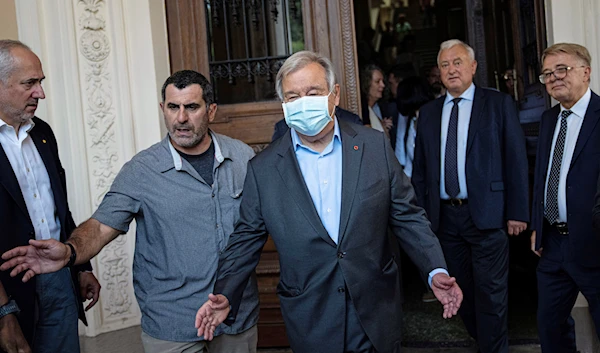 United Nations Secretary General Antonio Guterres visits Ivan Franko National University, Ukraine's oldest university, in Lviv, Ukraine, Thursday, Aug, 18, 2022 (AP Photo/Evgeniy Maloletka)