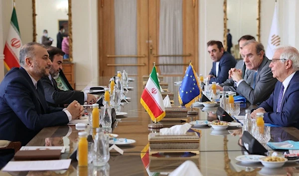 Iranian Foreign Minister Hossein Amir-Abdollahian meets EU foreign policy chief Josep Borell and Deputy Secretary General of the European External Action Service Enrique Mora in Tehran on June 25, 2022