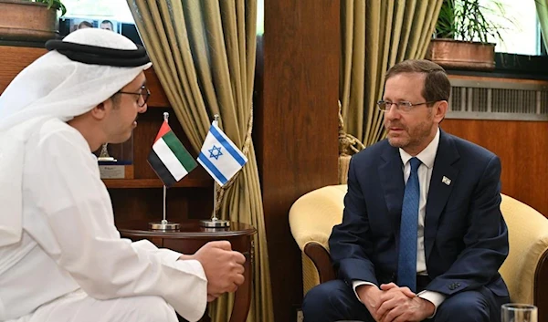 UAE Foreign Minister Abdullah bin Zayed meets with Israeli occupation President Isaac Herzog in occupied Al-Quds, occupied Palestine, September 15, 2022