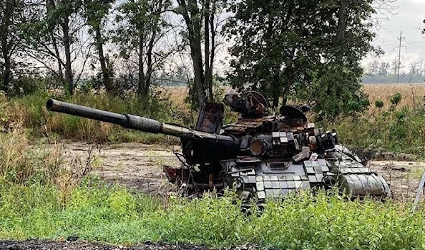 A destroyed  T-64BV tank of the Armed Forces of Ukraine near the village of Korobochkino in the Kharkov region