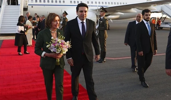 US House Speaker Nancy Pelosi arrives at the international airport outside of Yerevan, Armenia, September 17 (AP Photo)