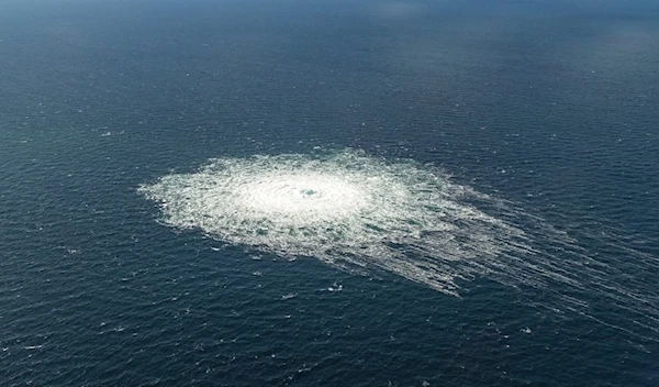 Gas leak at Nord Stream 2 as seen from the Danish F-16 interceptor on Bornholm, Denmark, Sept. 27, 2022. (Reuters)