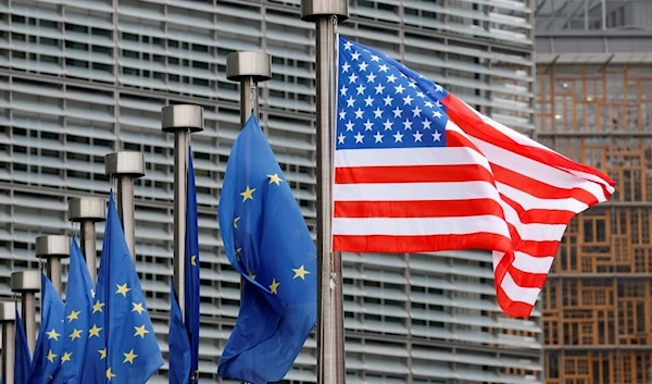 The American flag waving alongside EU flags