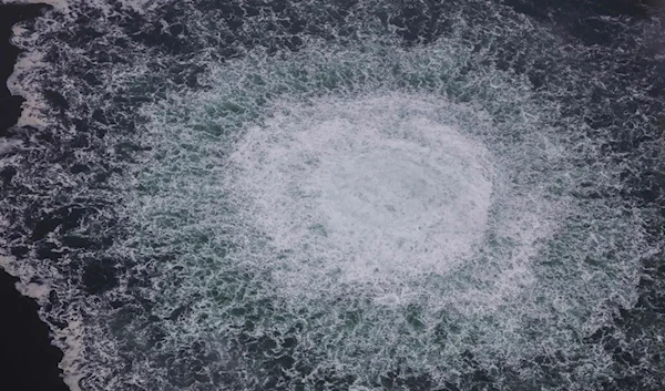 A photograph taken by a Swedish coastguard aircraft of gas surfacing from a leak on the Nord Stream 1 pipeline. Photograph: Swedish coastguard/AFP/Getty Images.