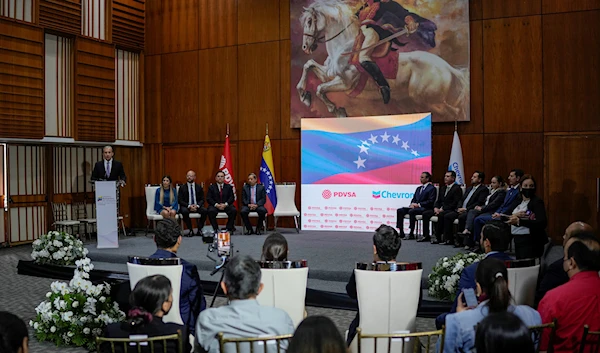 Venezuelan Petroleum Minister Tareck El Aissami speaks during a signing ceremony with California-based Chevron, in Caracas, Venezuela, Friday, December 2, 2022 (AP Photo)