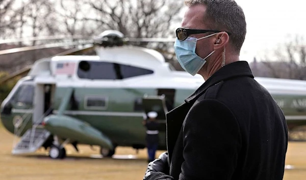 A US Secret Service agent stands guard near Marine One with President Joe Biden in Washington. (Getty Images)