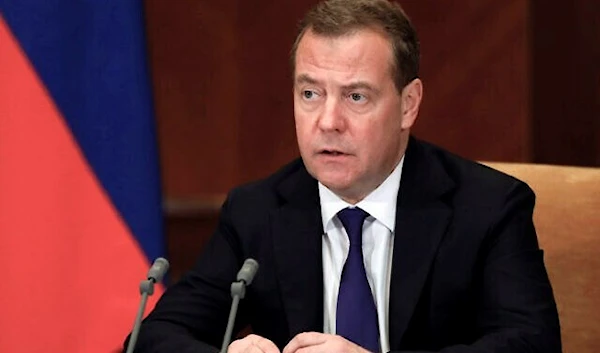 Russian Security Council deputy chairman and head of the United Russia party Dmitry Medvedev speaks during a meeting outside Moscow, Russia, October 3, 2022. (AP)