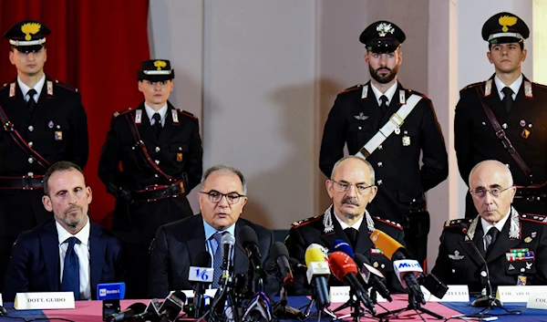 From left Prosecutor Paolo Guido, Palermo's chief prosecutor Maurizio De Lucia, Gen. Pasquale Angelosanto, and Gen. Rosario Castello speak to reporters during a press conference in Palermo, Sicily, Monday, Jan. 16, 2023 (AP Photo/Salvatore Cavalli)