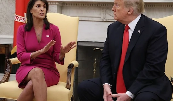 Then-President Donald Trump announces that he has accepted the resignation of Nikki Haley as US Ambassador to the United Nations, in the Oval Office on October 9, 2018 in Washington, DC. (Getty Images)