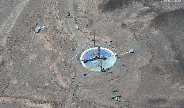 This satellite image from Maxar Technologies shows a rocket preparing to be erected at a launch pad at Imam Khomeini Space Center southeast of Semnan, Iran on, June 14, 2022 (AP Photo)