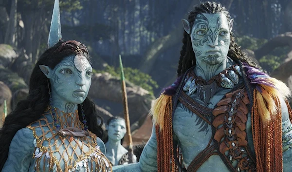 Ronal (L), voiced by Kate Winslet, and Tonowari, voiced by Cliff Curtis, in a scene from "Avatar: The Way of Water." (20th Century Studios via AP)