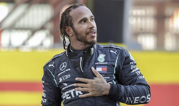 British F1 driver Lewis Hamilton after winning the F1 Tuscany Grand Prix in Italy in September 2020 (AP)