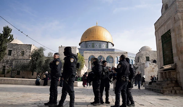 Israeli police secure the Al-Aqsa Mosque compound, in the Old City of Al-Quds, January 3, 2023 (AP Photo)