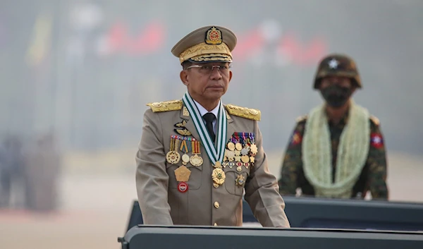 Myanmar military Commander-in-Chief Senior General Min Aung Hlaing participates in a parade during the 76th Armed Forces Day in Naypyitaw, Myanmar, 27 March 2021 (EPA)