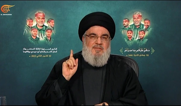 Hezbollah Secretary-General Sayyed Hassan Nasrallah during a speech commemorating the commanders of the axis of resistance on January 3, 2023