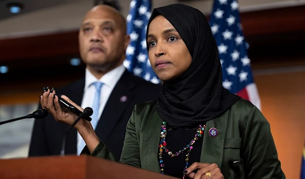 Rep. Ilhan Omar (D-Minn.) speaking at a press conference about Islamophobia in Congress and elsewhere. (AP)