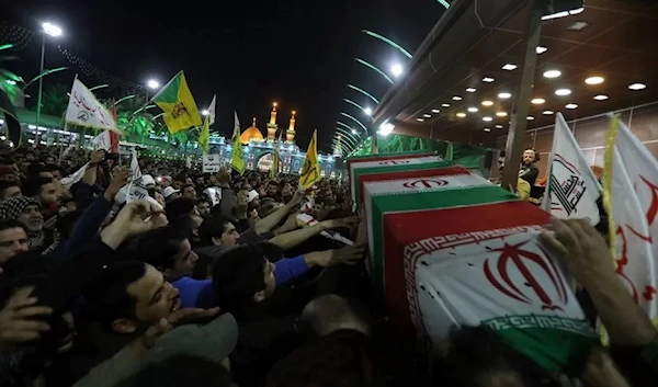 The coffins of Soleimani and Muhandis were carried through Karbala. January 5, 2020. (Reuters)