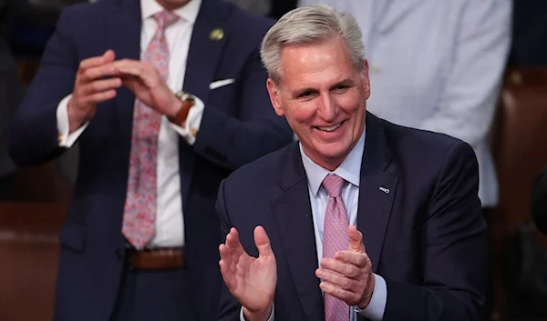 Kevin McCarthy celebrates being elected US Speaker of the House after a 15th vote. (AFP)