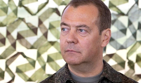 Russian Security Council Deputy Chairman and the head of the United Russia party Dmitry Medvedev visits the Totsky military training ground in the Orenburg region, Russia, Friday, July 14, 2023.