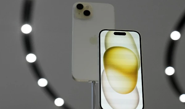 iPhone 15 phones are shown during an announcement of new products on the Apple campus in Cupertino, California, Tuesday, September 12, 2023 (AP)