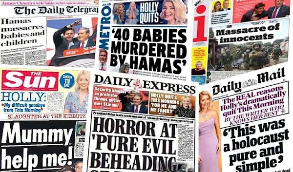 British printed media headlines spreading fake news regarding Hamas allegedly "beheading children" (Source: Socialistworker.co.uk)