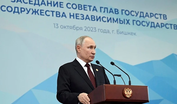 Russian President Vladimir Putin speaks to the media after the Commonwealth of Independent States (CIS) meeting in Bishkek, Kyrgyzstan, on Friday, Oct. 13, 2023.