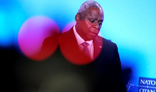 United States Secretary of Defense Lloyd Austin addresses a media conference on the sidelines of a meeting of NATO defense ministers at NATO headquarters in Brussels, Thursday, Oct. 12, 2023 (AP)