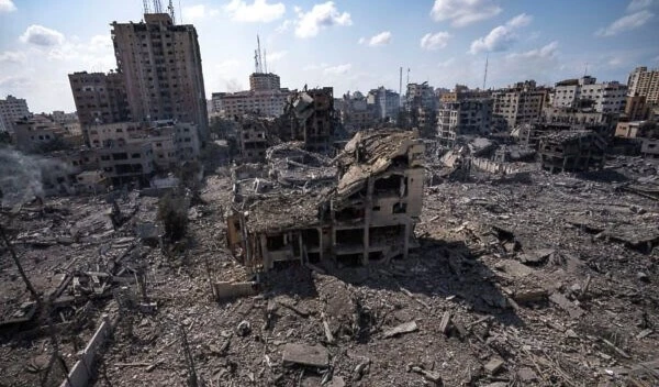 A view of the rubble of buildings hit by an Israeli airstrike, in Gaza City, October 10, 2023. (AP)