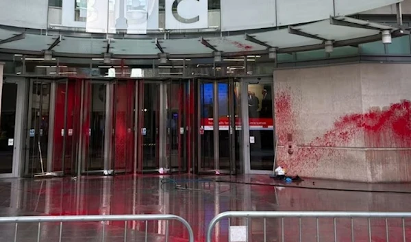 The BBC building covered in red paint (X/Victoria Derbyshire)