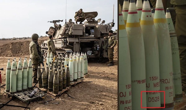 IOF soldiers are pictured with artillery shells labeled D528 - the US DoD Identification Code for white phosphorus-based rounds (Twitter / @Marien__R)