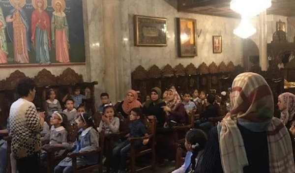 Palestinian people in Gaza taking refuge in the Saint Porphyrius church in Gaza City, the historical Greek Orthodox Church, Occupied Palestine on October 13, 2023. (Social Media)