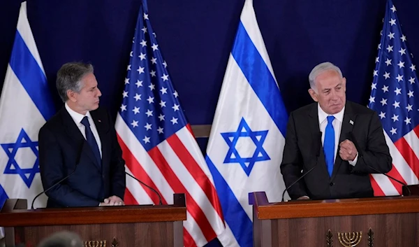 U.S. Secretary of State Antony Blinken and Israeli Prime Minister Benjamin Netanyahu make statements to the media inside The Kirya, "Tel Aviv" Thursday, October 12, 2023 (AP)