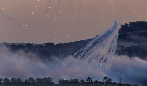 Shells from Israeli artillery explode over Dahaira, a Lebanese border village with Israel, south Lebanon, Monday, Oct. 16, 2023. (AP)