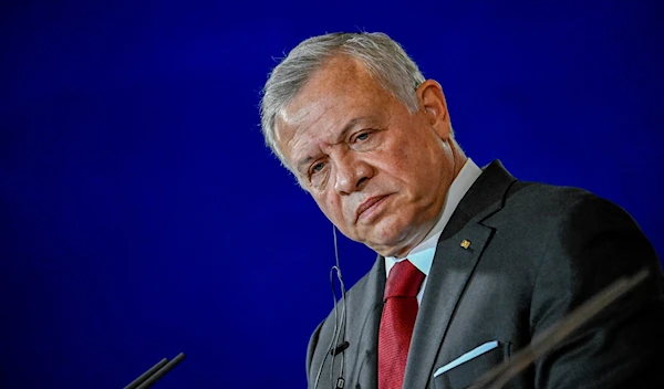 Jordan's King Abdullah II addresses a joint press conference with German Chancellor Olaf Scholz (not in image) after a meeting at the Chancellery in Berlin, Germany, on October 17, 2023 (AFP)