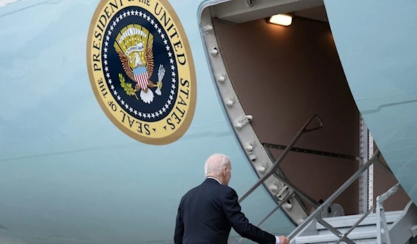 US President Joe Biden boards Air Force One at Joint Base Andrews in Maryland, on October 17, 2023, en route to "Israel". (AFP)