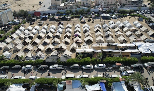 UNDP provided tens set up for Palestinians displaced by the Israeli bombadment of the Gaza Strip, are seen in Khan Younis on October 19, 2023. (AP)