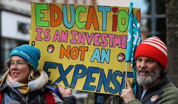 Teachers and members of the National Education Union take part in a demonstration in Reading, Britain, on Feb. 1, 2023. (AFP)