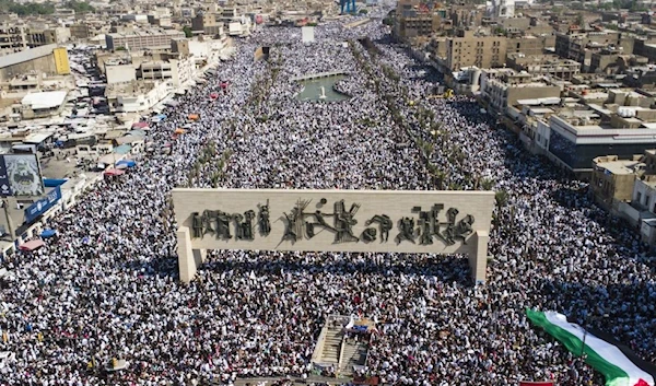 Iraqis hold a mass rally supporting the Palestinians in the Gaza Strip on October 13, 2023. (AP)