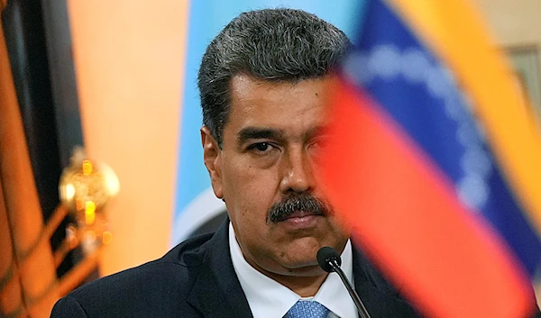 Venezuelan President Nicolas Maduro attends a meeting with Saint Lucia's Prime Minister Philip Joseph Pierre at the Miraflores presidential palace in Caracas, Venezuela, Friday, Oct. 6, 2023. (AP)