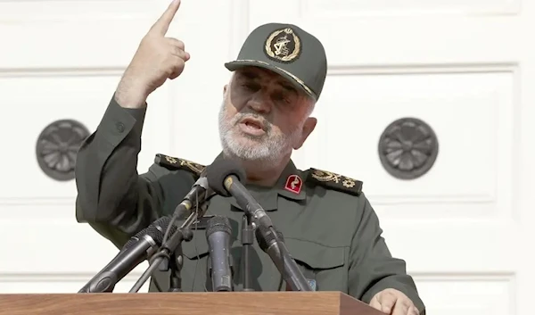 In this 2019 photo, Chief of Iran’s Revolutionary Guard Gen. Hossein Salami speaks in a ceremony to unveil new anti-US murals painted on the walls of former US embassy in Tehran, Iran. (AP)