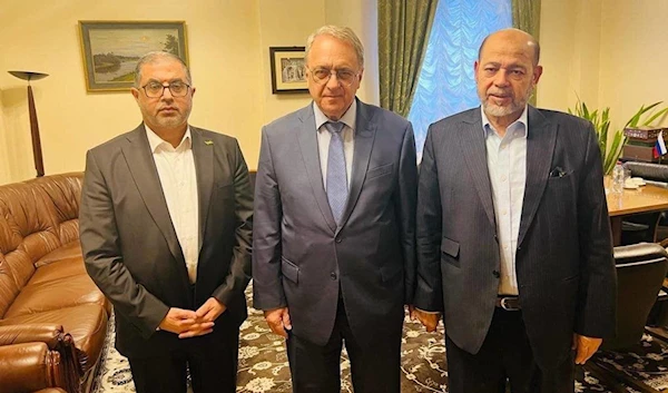 Iran’s Deputy FM Ali Bagheri Kani, Russian Deputy FM Mikhail Bogdanov, and Hamas head of international relations Mousa Abu Marzouk, during a meeting in Moscow on October 26, 2023. (Hamas Telegram)