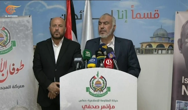 A screen grab of Ghazi Hamad, a member of Hamas' decision-making political bureau, and Hamas' representative in Lebanon, Ahmad Abdel Hadi, speaking at a press conference in Lebanon on Oct.28, 2023.