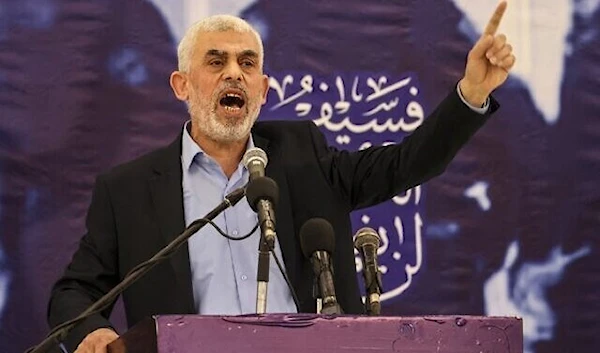 Hamas's leader in the Gaza Strip Yahya Sinwar speaks during a meeting in Gaza City, on April 30, 2022. (AFP)