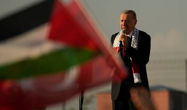 Turkish President Recep Tayyip Erdogan, speaks to attendees during a rally to show their solidarity with Palestinians, in Istanbul, Turkey, Saturday, Oct. 28, 2023. (AP)